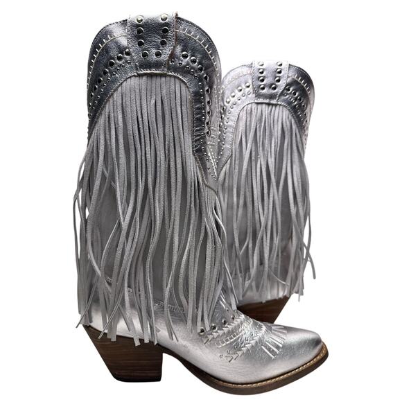 Dingo Western Cowboy Boots 1969 Gypsy Women's 9.5 Snip Toe Silver Leather Fringe - Picture 4 of 10